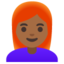 WOMAN: RED HAIR emoji with medium-dark skin tone skin tone